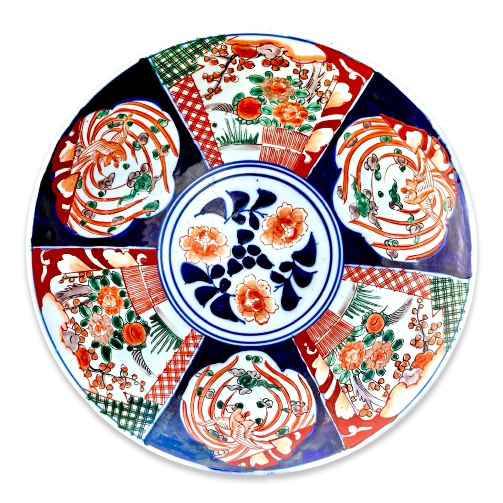 Japanese Imari Artita Charger: Large Japanese Arita ware Imari charger in Kinrande palette. Approx. Dimensions: 2H x 13.5W x 13.5D inches