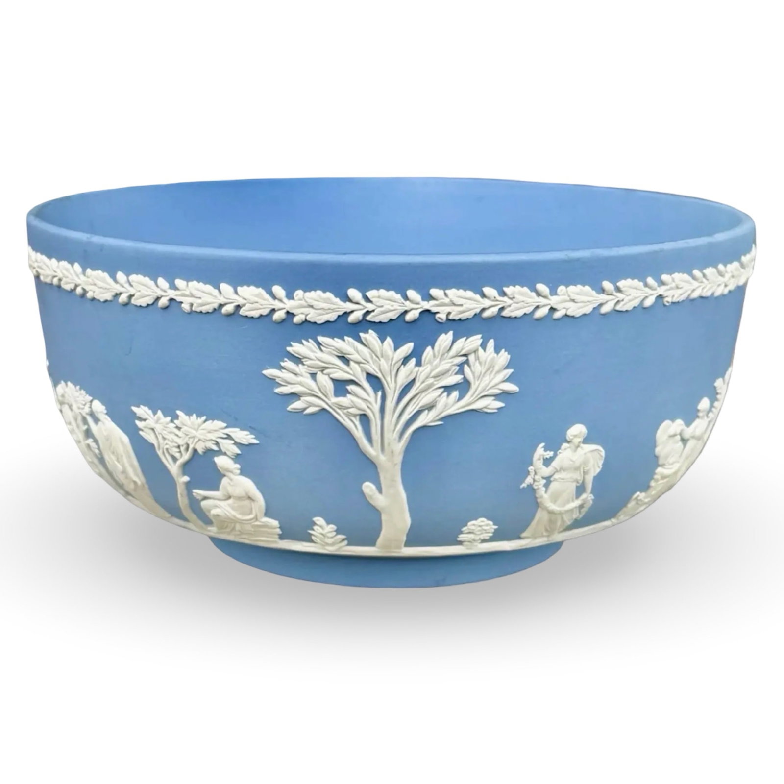 Wedgwood Jasperware Sacrifice Bowl: Wedgwood blue jasperware Sacrifice bowl with Neoclassical reliefs. Marked on base. Approx. Dimensions: 4H x 8W x 8D inches