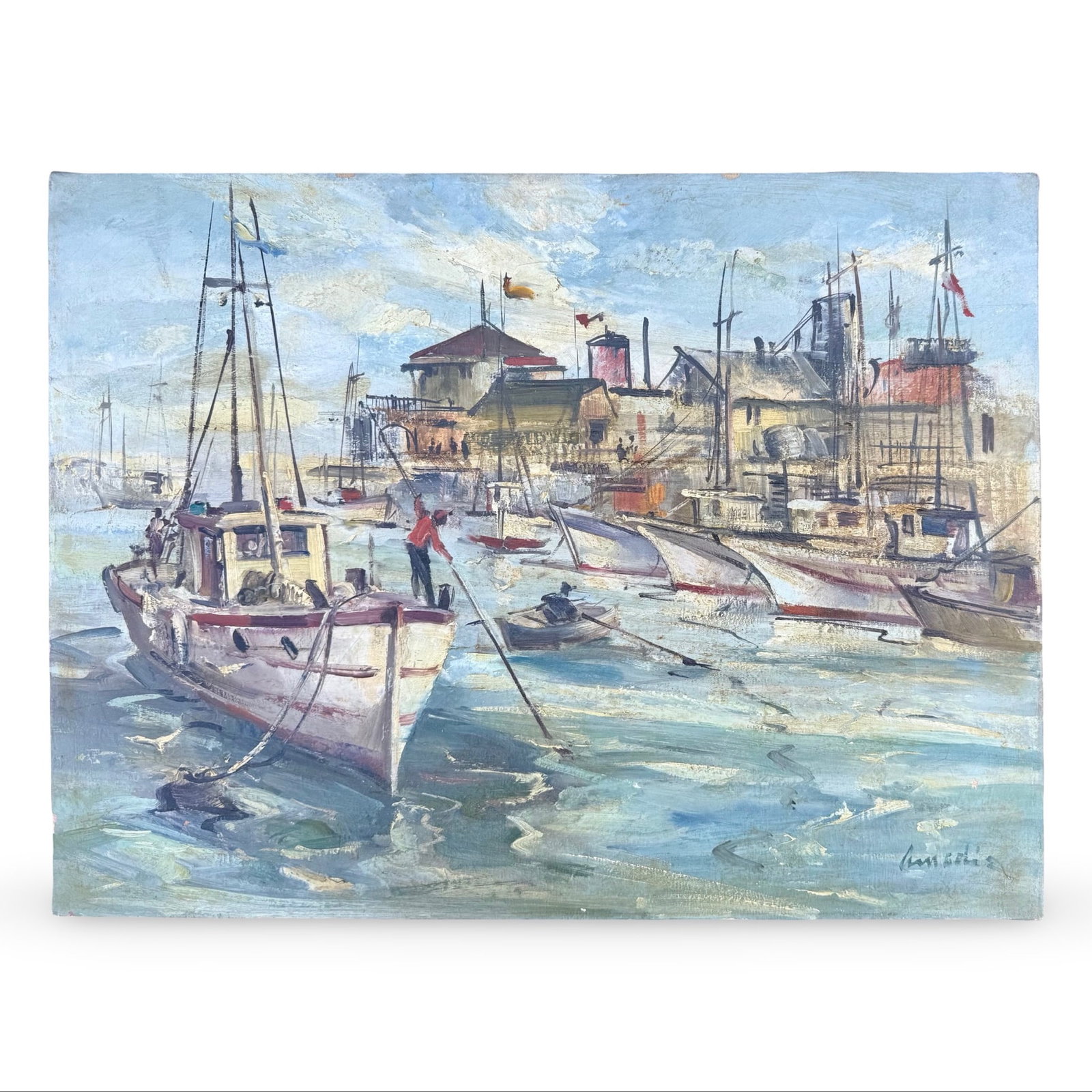 Impressionist Harbor Boats Oil Painting (1 of 9)