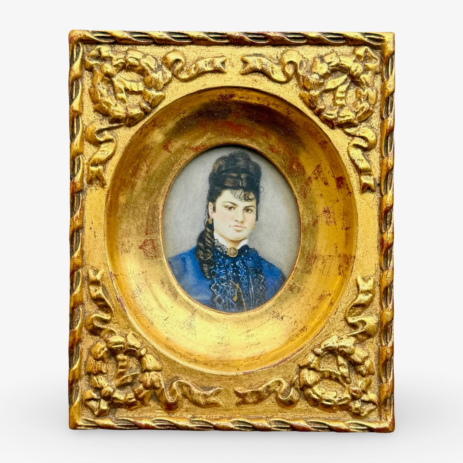 Victorian Portrait Miniature Gilt Frame: Victorian portrait miniature of a woman in a gilt wood frame. Frame is backed with German religious text and inscription referencing Florence Weil Guggenheim (1855–1924). Approx. Dimensions: 5H x 4W