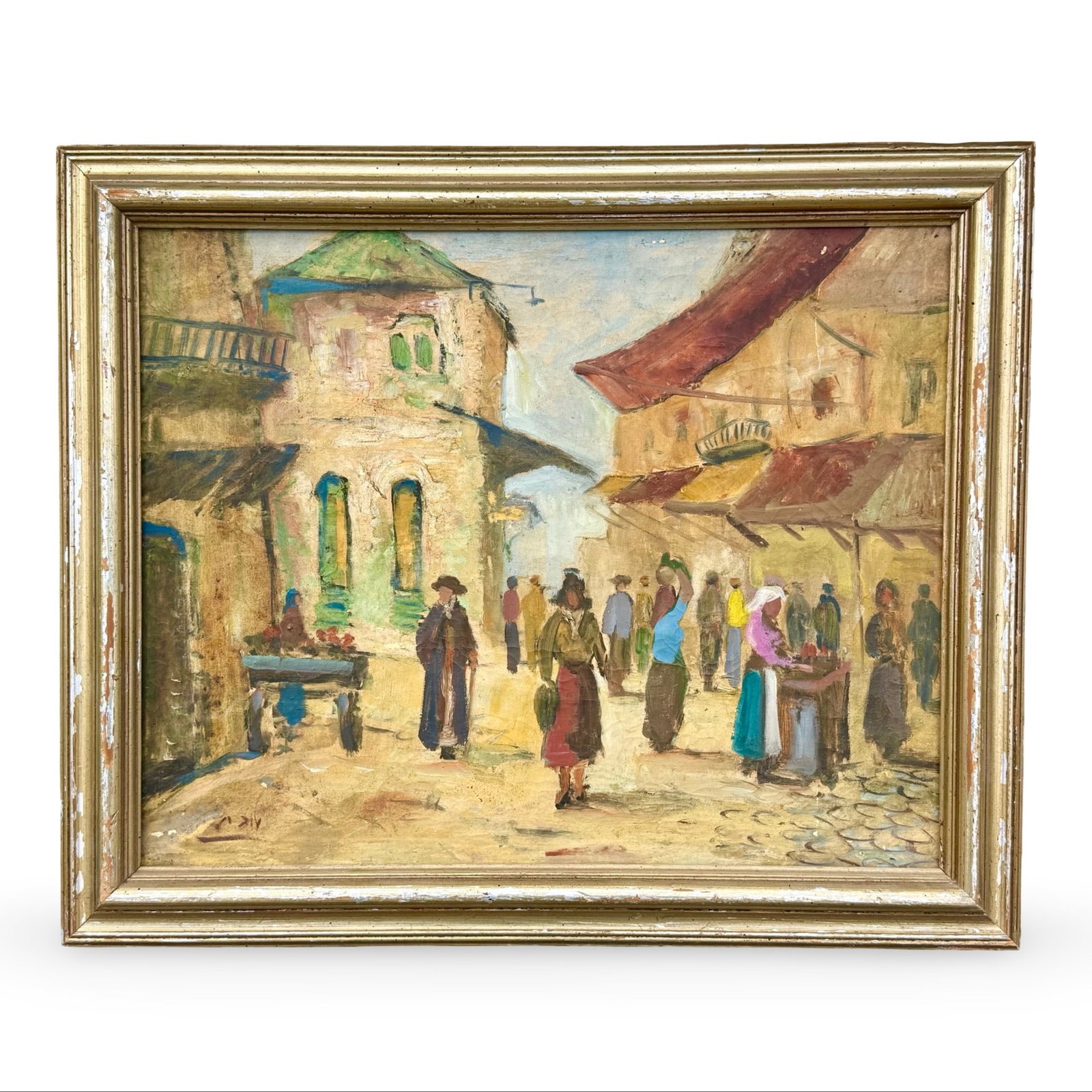 Judaica Street Market Oil Painting: Post-Impressionist Judaica oil painting of village market street scene. Framed work with French customs label from Marseille on verso. Approx. Dimensions: