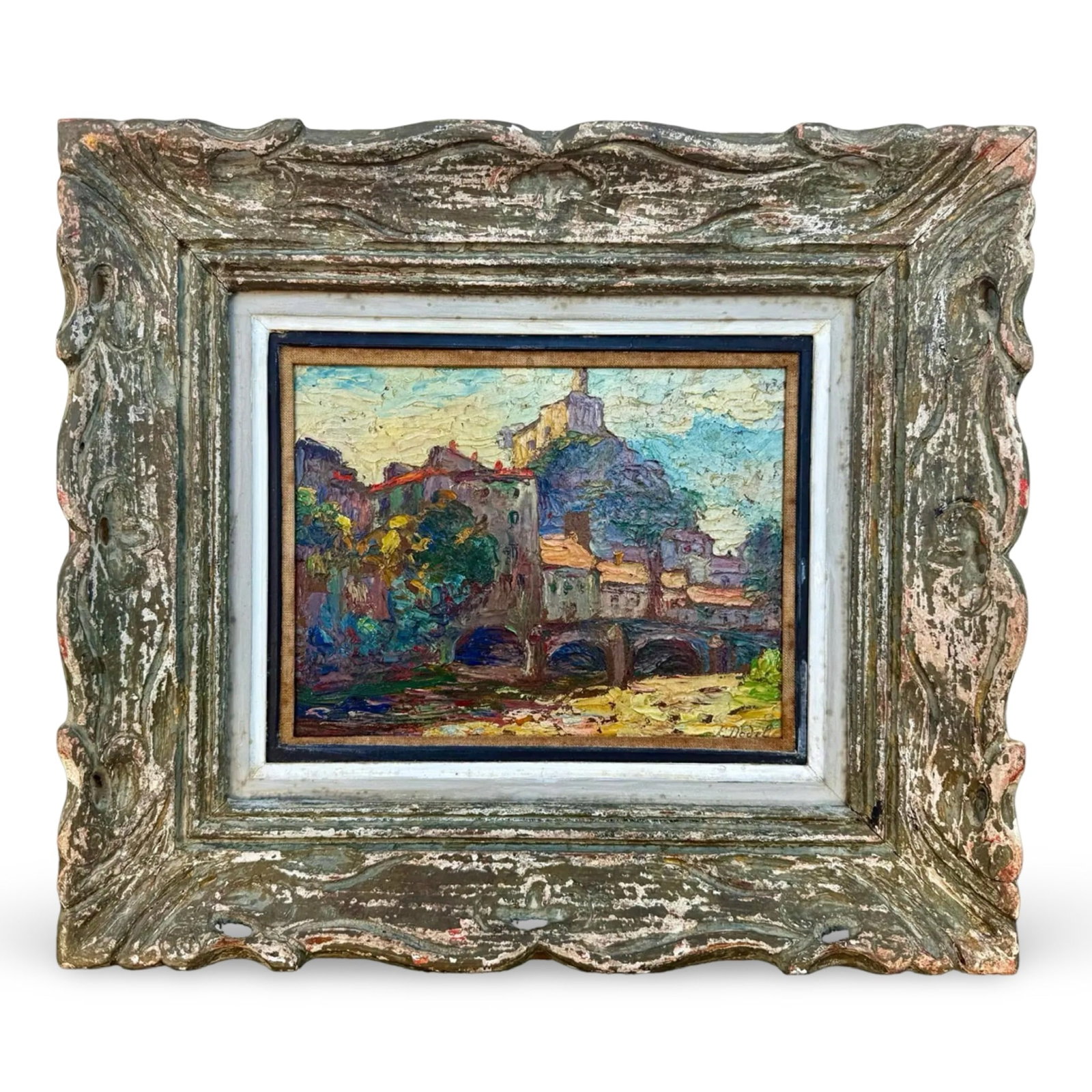 Dodel-Faure French Landscape Painting: French post-impressionist landscape painting by Elisabeth Dodel-Faure in a carved wood frame. Approx. Dimensions: 16W × 1.5D × 14H inches