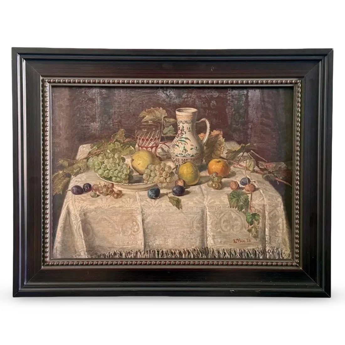 Still-Life Oil Painting of Fruits on Table: Antique realistic still life oil painting of fruits resting on a table, from the early 20th century. Signed and dated by the artist "E. Bix" "05". Housed in a wood frame. Approx. Dimensions: 16.75W