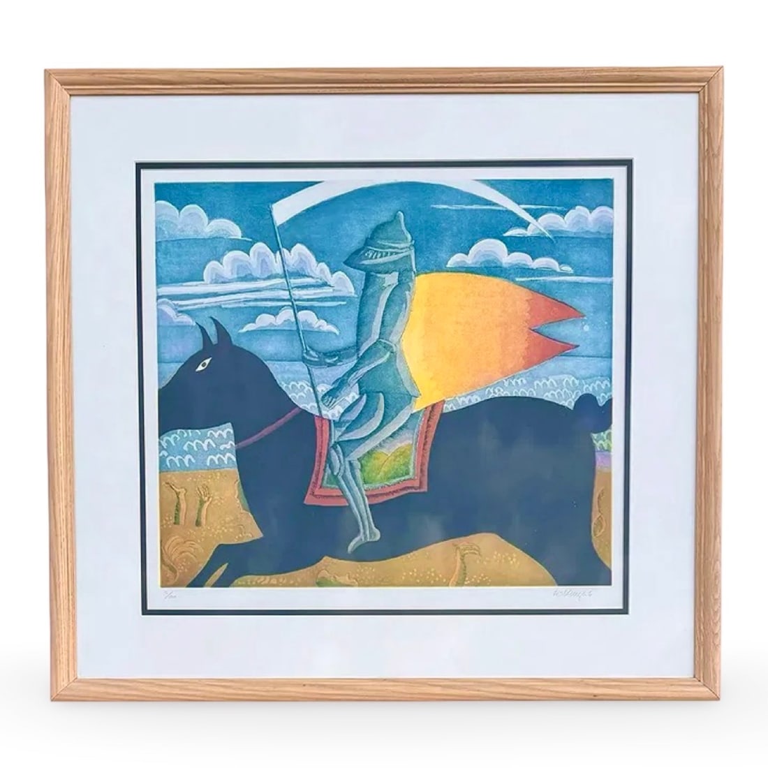 McKnight Knight Modern Serigraph: Folk art etching aquatint by Thomas McKnight titled Knight. Limited edition, signed and numbered 2/100 in pencil. An authenticate slip from 1987 is attached to the backside of the frame. Approx. Dimen
