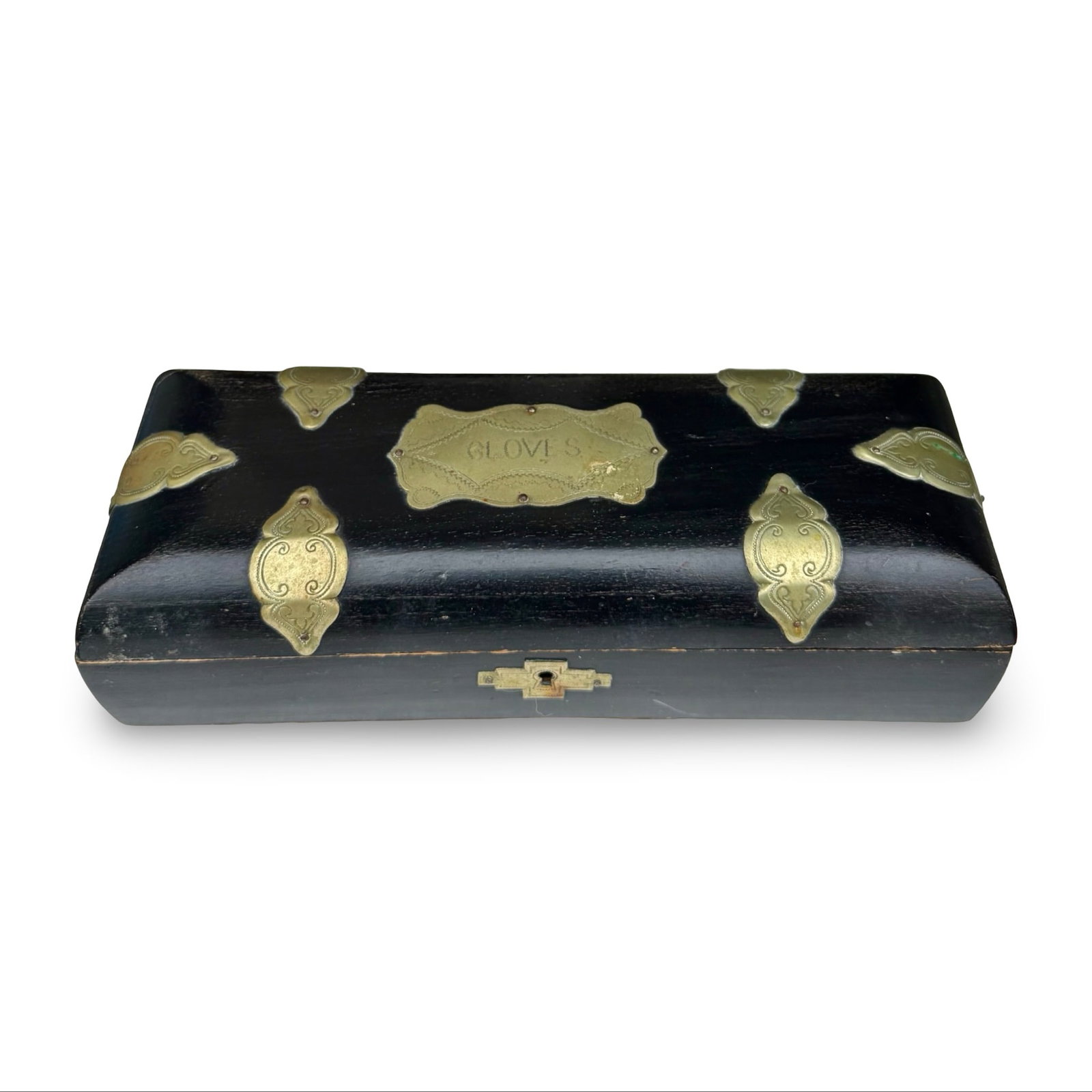 Victorian Ebonized Glove Box: Victorian glove box in ebonized wood with brass mounts and escutcheon. Approx. Dimensions: 3.75H x 10.5W x 4D inches
