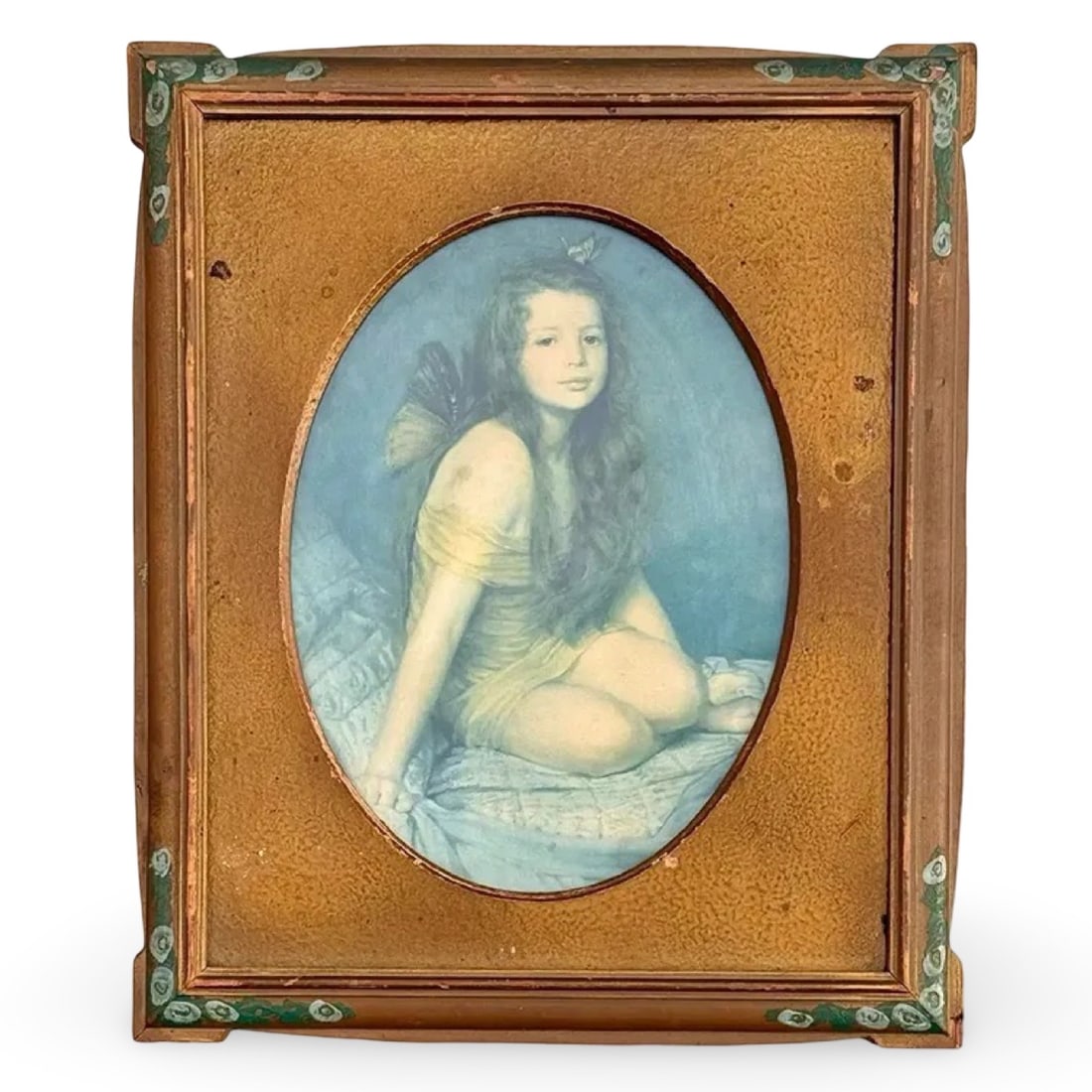 Psyche Fairy Girl W Arts & Crafts Frame: Print after William Sergeant Kendall’s 1909 “Psyche,” depicting a winged girl, housed in original Arts & Crafts wood frame with oval opening and gilt detailing. Dimensions: 12.5H x 10W x 0.5