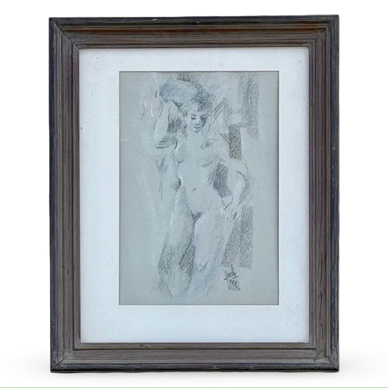 Clifford B. West Figural Seated Nude: Clifford B. West figural seated nude monochrome line artwork of a kneeling female figure. Set in vintage wood frame, with original Detroit Institute of Arts Rental Gallery card verso. Dimensions: 19W 