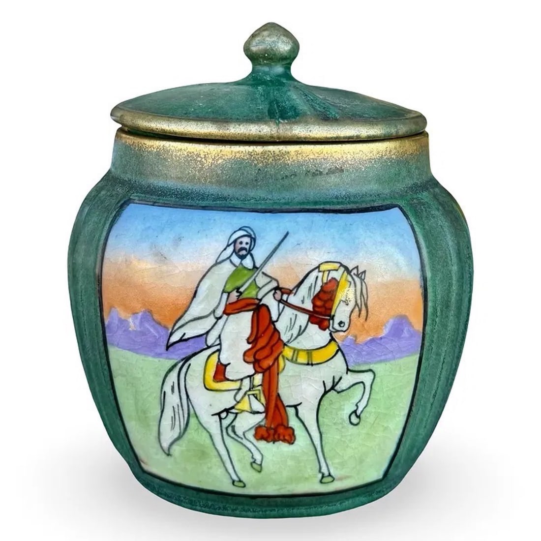 Teplitz Austrian Amphora Humidor: Teplitz Austrian Amphora Humidor Art pottery covered jar by Riessner, Stellmacher & Kessel (RStK/Amphora). Green matte base with orientalist scene of Arabian horseman Marked on base. Approx. Dimension