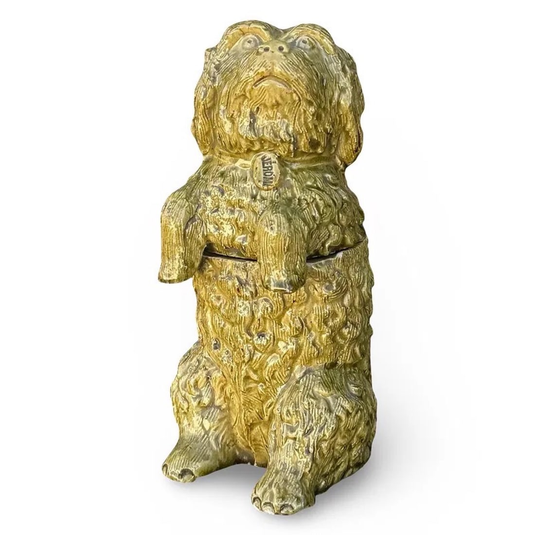 Massier Majolica Dog Jar: French majolica figural dog lidded container attributed to Jérôme Massier Fils of Vallauris. The dog's collar reads "Jérôme". Marked on base. Approx. Dimensions: 8.75H x 4.25W x 4.5D inches