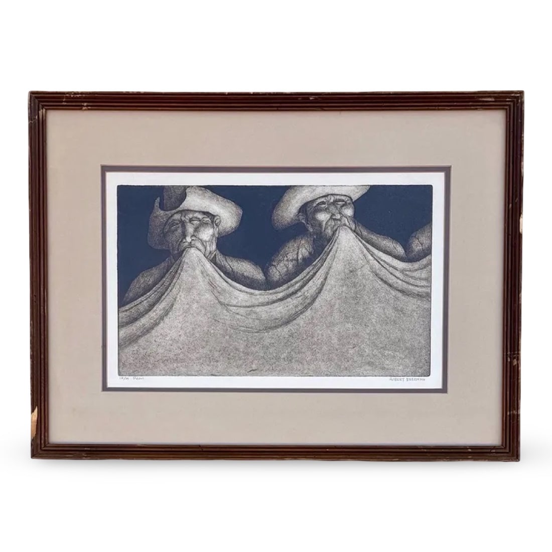 Robert Freeman Peon Portrait Etching: Limited-edition etching by Robert Freeman titled Peon - (Luiseño handgame). Signed, titled, and numbered in pencil. Matted and set in a wood frame. Approx. Dimensions: 17H x 22.25W x 0.75D inches