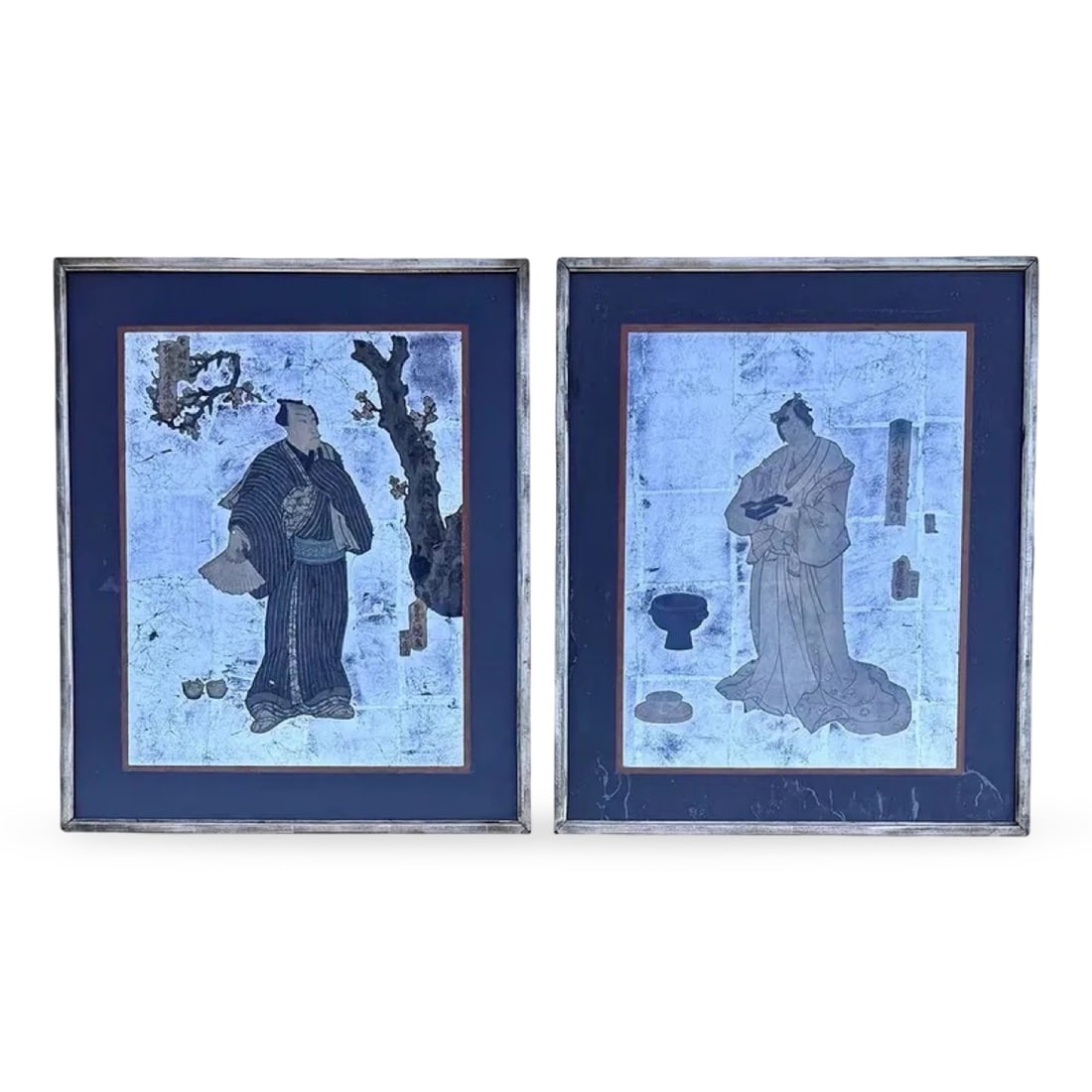 Japanese Kabuki Portraits Pair: Antique Japanese prints attributed to Utagawa Kunisada depicting Kabuki actors in yakusha-e style. Signed works, housed in wood frames. Approx. Dimensions: 18W × 1D × 21.5H inches