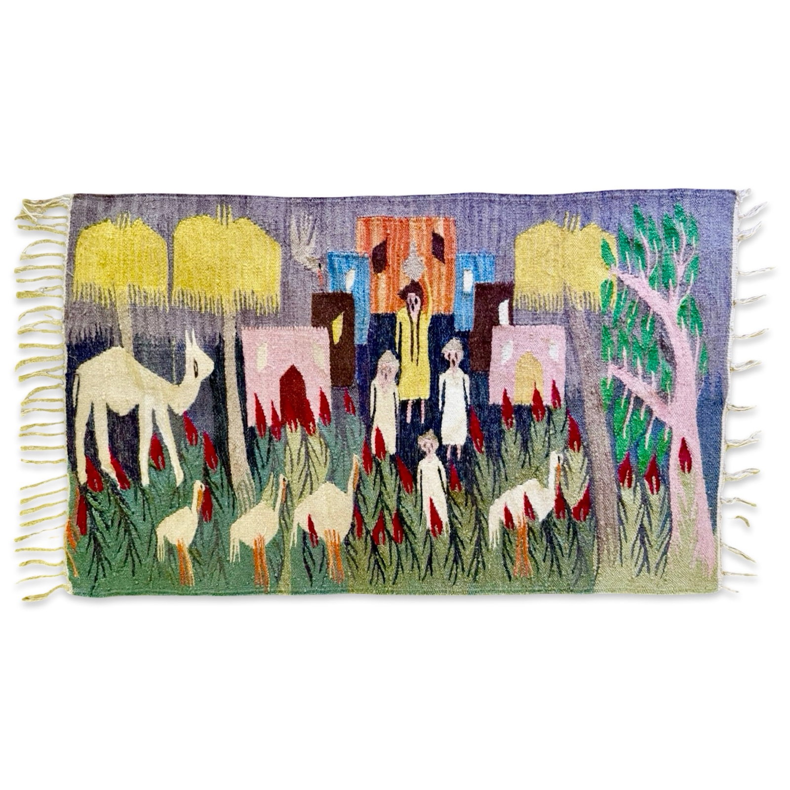 Pictoral Folk Art Tapestry Rug: Handwoven tapestry in style of Egyptian Ramses Wissa Wassef Art Centre, with a folk art scene with birds and landscape motifs. Approx. Dimensions: 46L x 28W inches