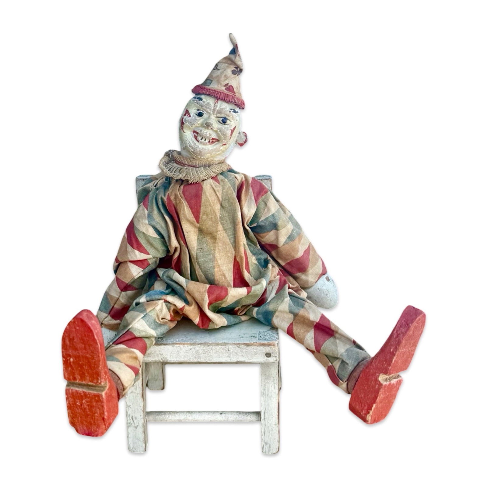 Schoenhut Humpty Dumpty Clown: Schoenhut Humpty Dumpty Circus clown articulated toy with wooden chair accessory. Approx. Dimensions: Doll measures 9.5 inches in height and chair measures 5H x 3W x 3D inches