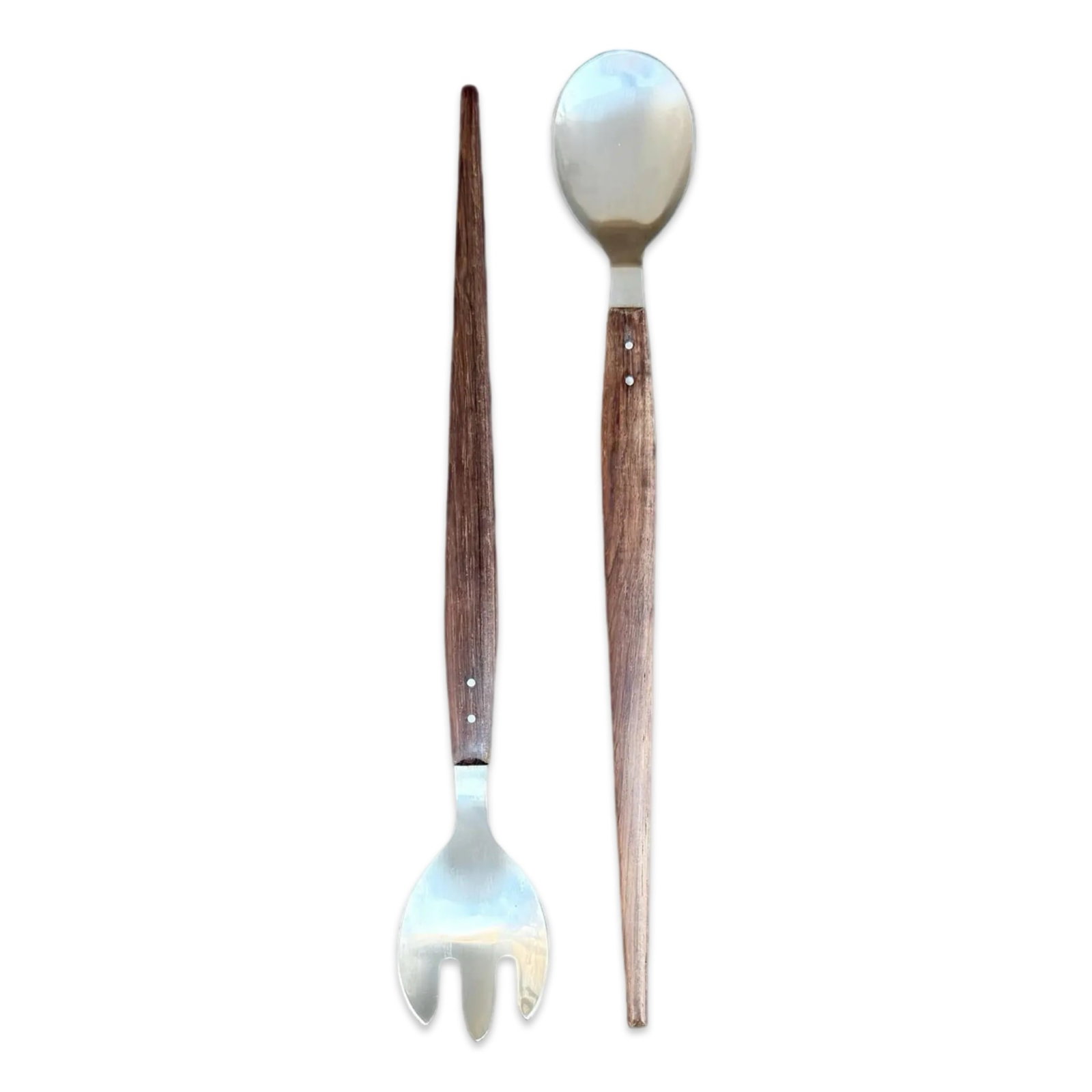 Danish Mid Century Salad Servers: Danish mid-century modern salad server set with teak wood handles. Approx. Dimensions: 12.5H x 2W x .5D inches