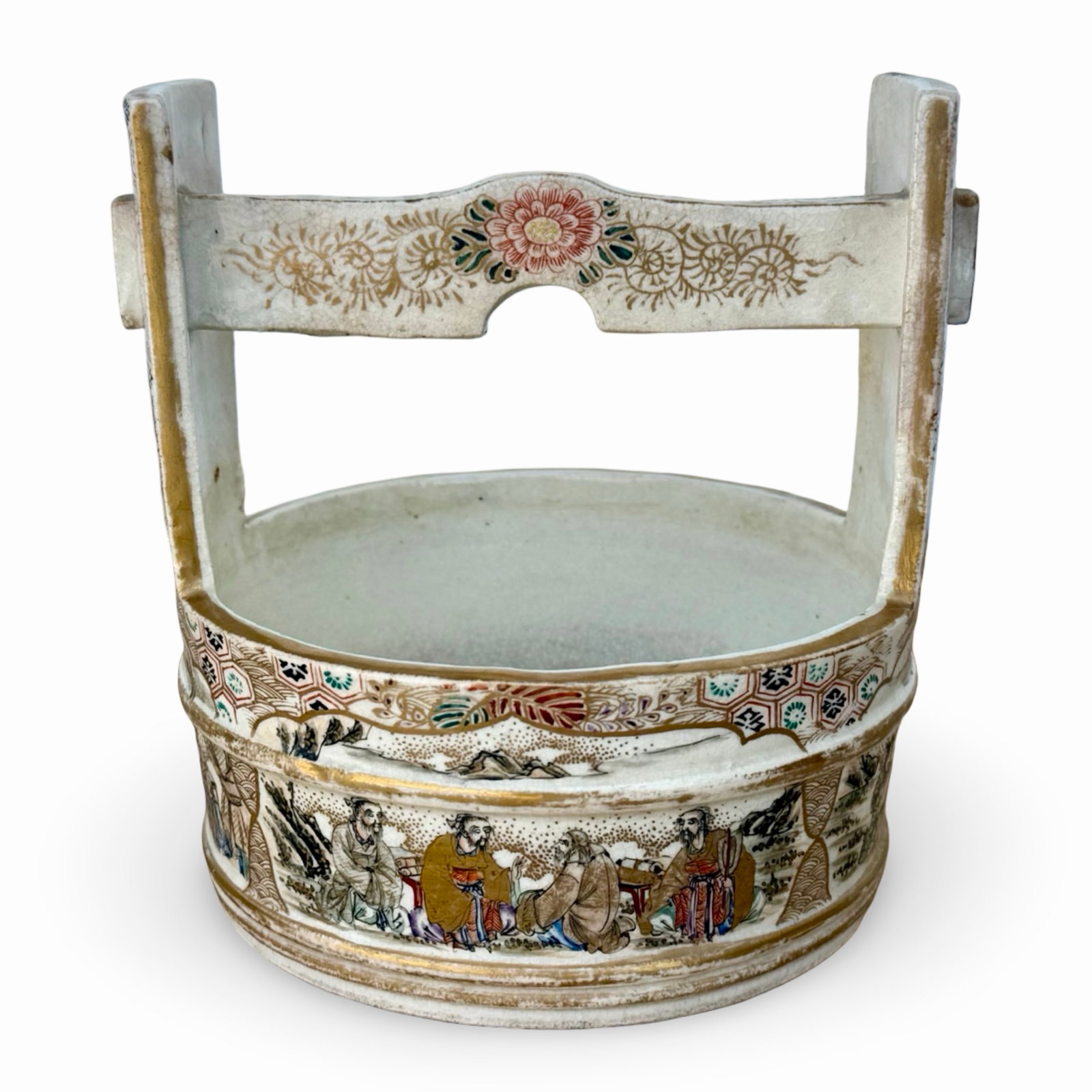 Meiji Satsuma Teoke Bucket Vase: Japanese Meiji-style satsuma teoke 'well-bucket' vase with painted design and gilt detailing. Approx. Dimensions: 6H x 5.5W 5.5D inches