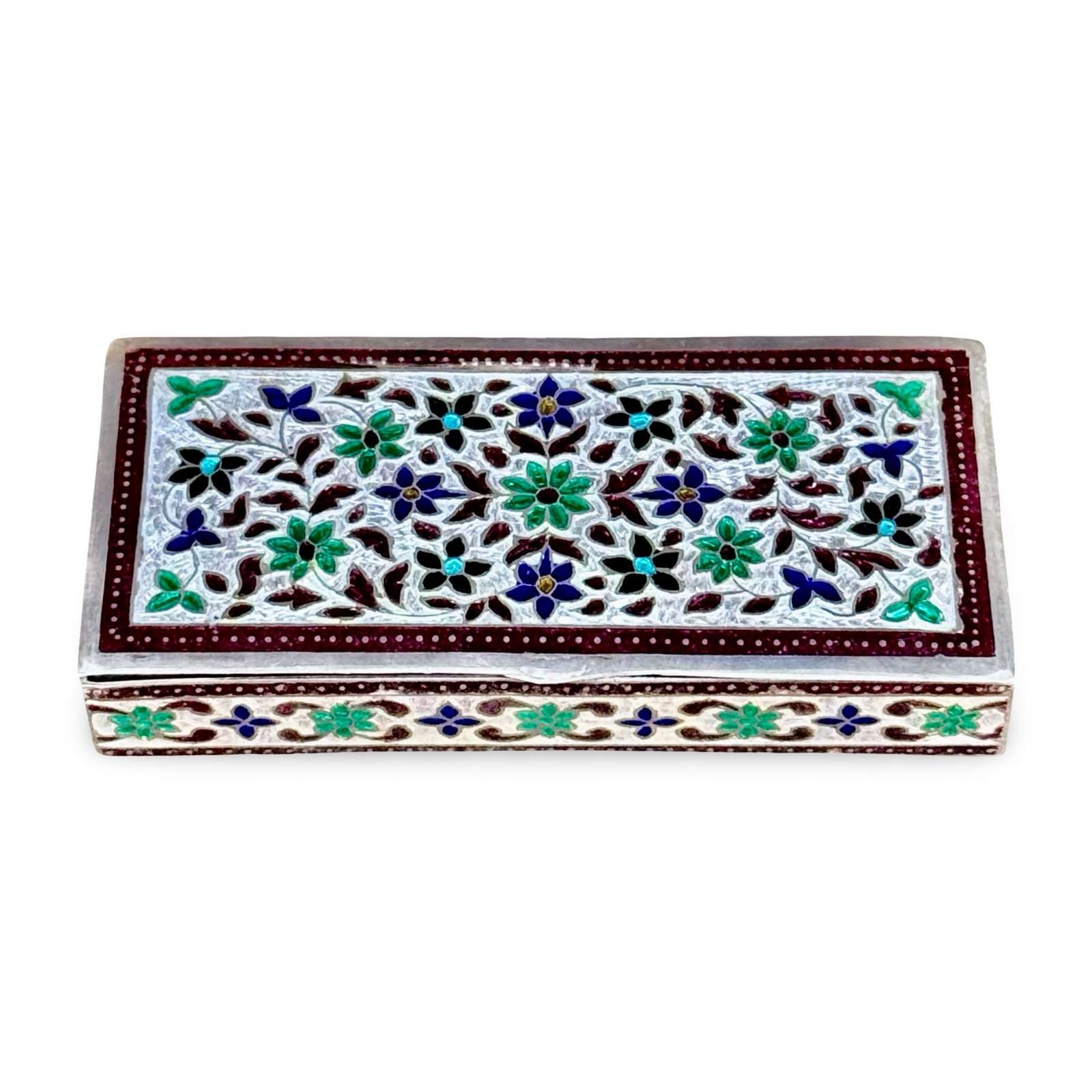 Meenakari Enameled Silver Box: Silver trinket box with Meenakari floral enamel decoration, likely Indian. Approx. Dimensions: .5H x 3.75W x 1.75D inches