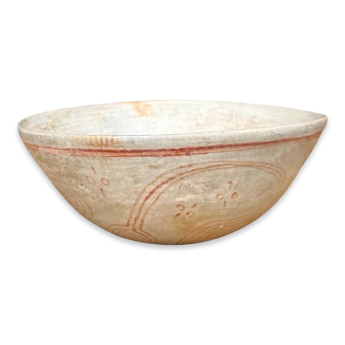 Pre-Columbian Style Cajamarca Pottery Bowl: Pre-Columbian style Cajamarca pottery bowl with red-on-cream spiral motifs. Approx. Dimensions: 3.5H x 7.25W x 7.25D inches