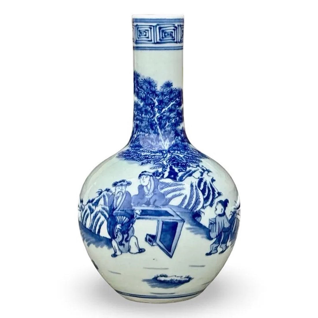 Chinese Figural Gourd Vase: Chinese blue white porcelain bottle vase with a figural boys scene. Approx Dimensions: 8.5H x 5W x 5D inches