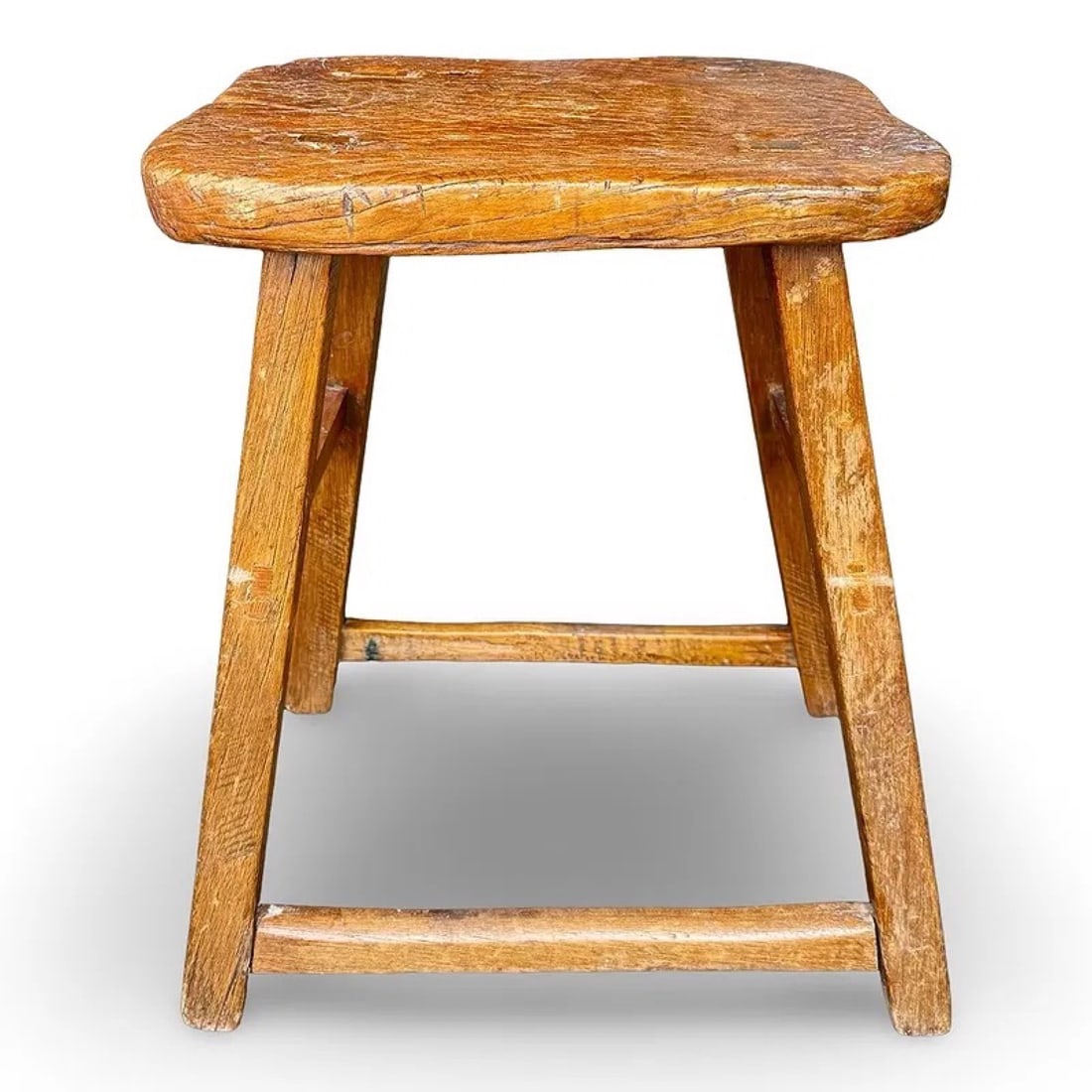 Antique Rustic Elm Wood Stool: Antique rustic elm wood stool with mortise and tenon joinery, weathered patina, splayed legs, and primitive farmhouse or Chinese style design. Approx Dimensions: 20H x 18W x 11D inches