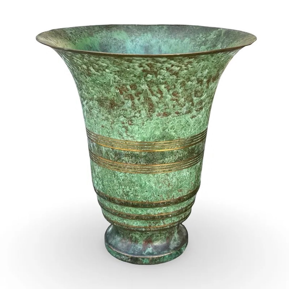 Sorensen Art Deco Verdigris Bronze Vase: Carl Sorensen verdigris bronze vase, Art Deco design with flared trumpet form, green patina and polished bands, signed base. Approx Dimensions: 8H x 7.5W x 7.5D inches
