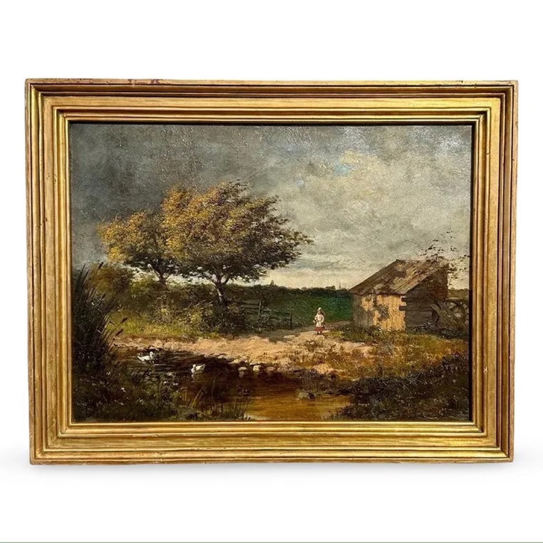 D Berea Barbizon Landscape Painting: Oil on canvas Barbizon style landscape painting titled Old Mill, attributed to Romanian artist Dimitrie Berea. The artwork is set in a giltwood frame. The title and artist is written on the back of