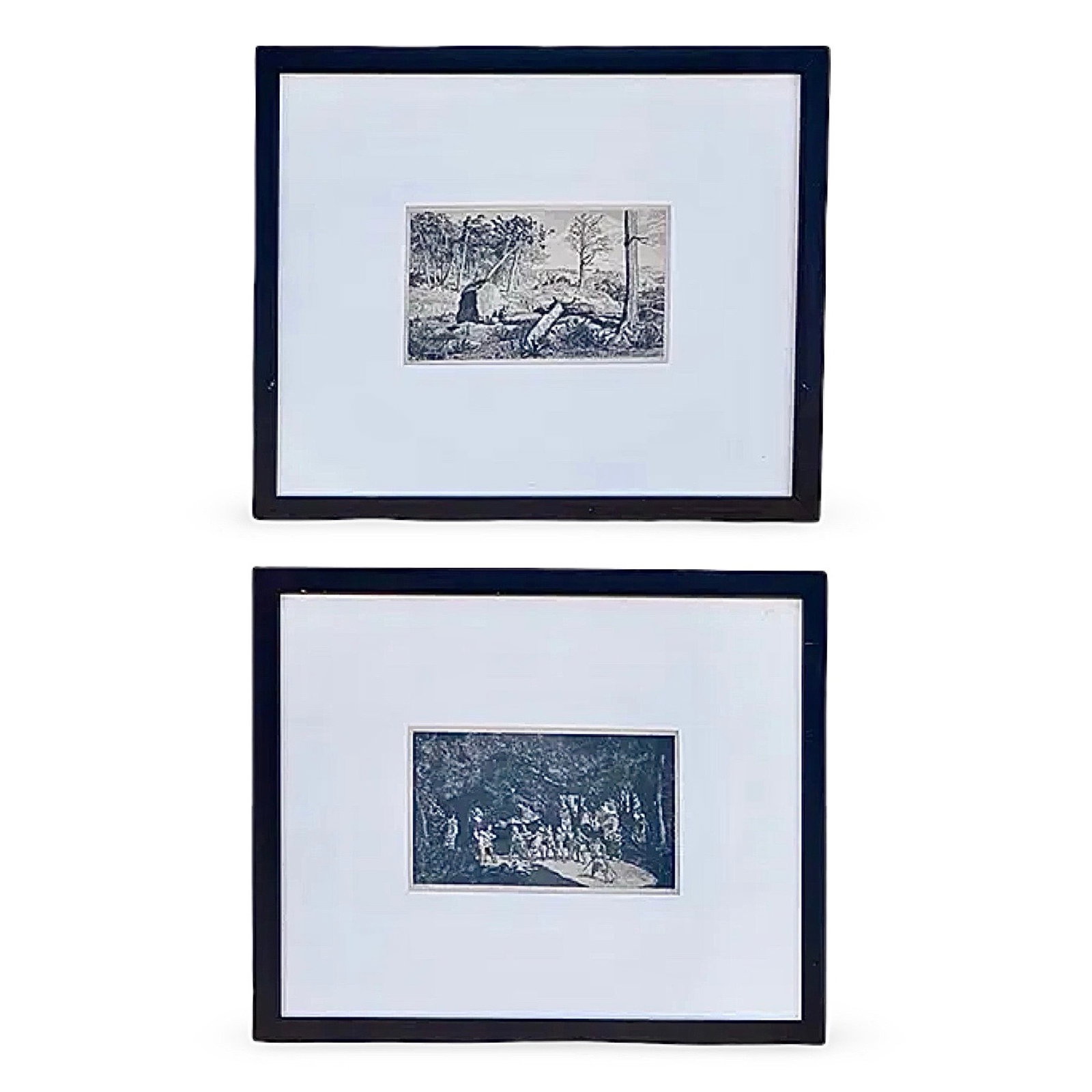 Max Klinger Intermezzi Etchings Pair: Pair of original 1881 Max Klinger etchings from the Intermezzi Opus IV portfolio including Fallen Rider and Bear and Elf. German Symbolist etching and aquatint prints, matted and framed under museum g