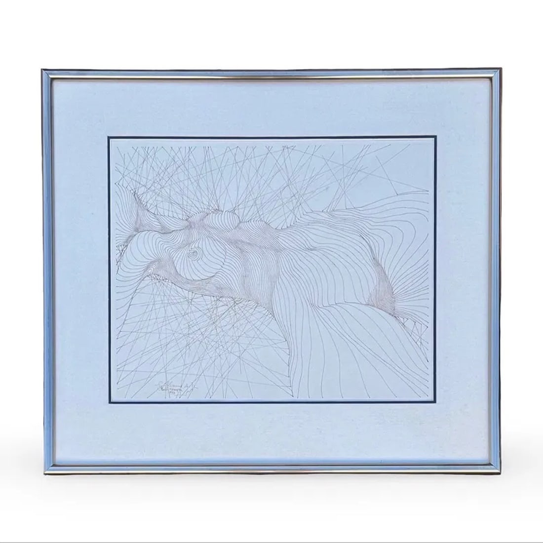 G. Azoulay Female Form Abstract Drawing: Abstract untitled nude drawing by Guillaume Azoulay of the female form in topographic line style, from 1981. Signed and framed with the infocard afficed to the back. Approx. Dimensions: 20.5H x 23W