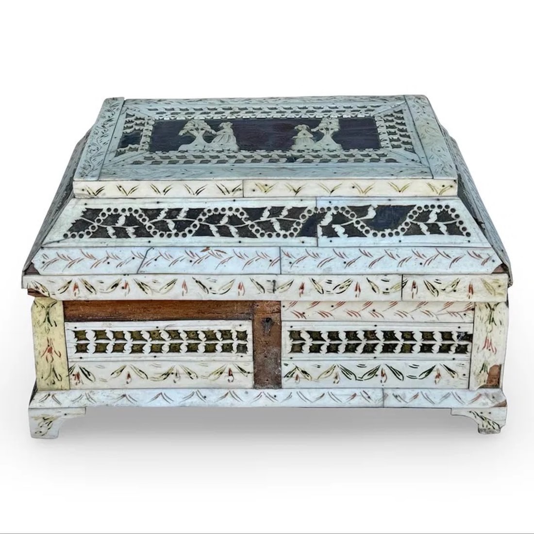 Antique Kholmogory Bone Casket: Antique Russian Kholmogory carved bone casket, historical Imperial Naval document dated 1845 affixed to base. Approx. Dimensions: 6H x 8.75W x 4.75D inches