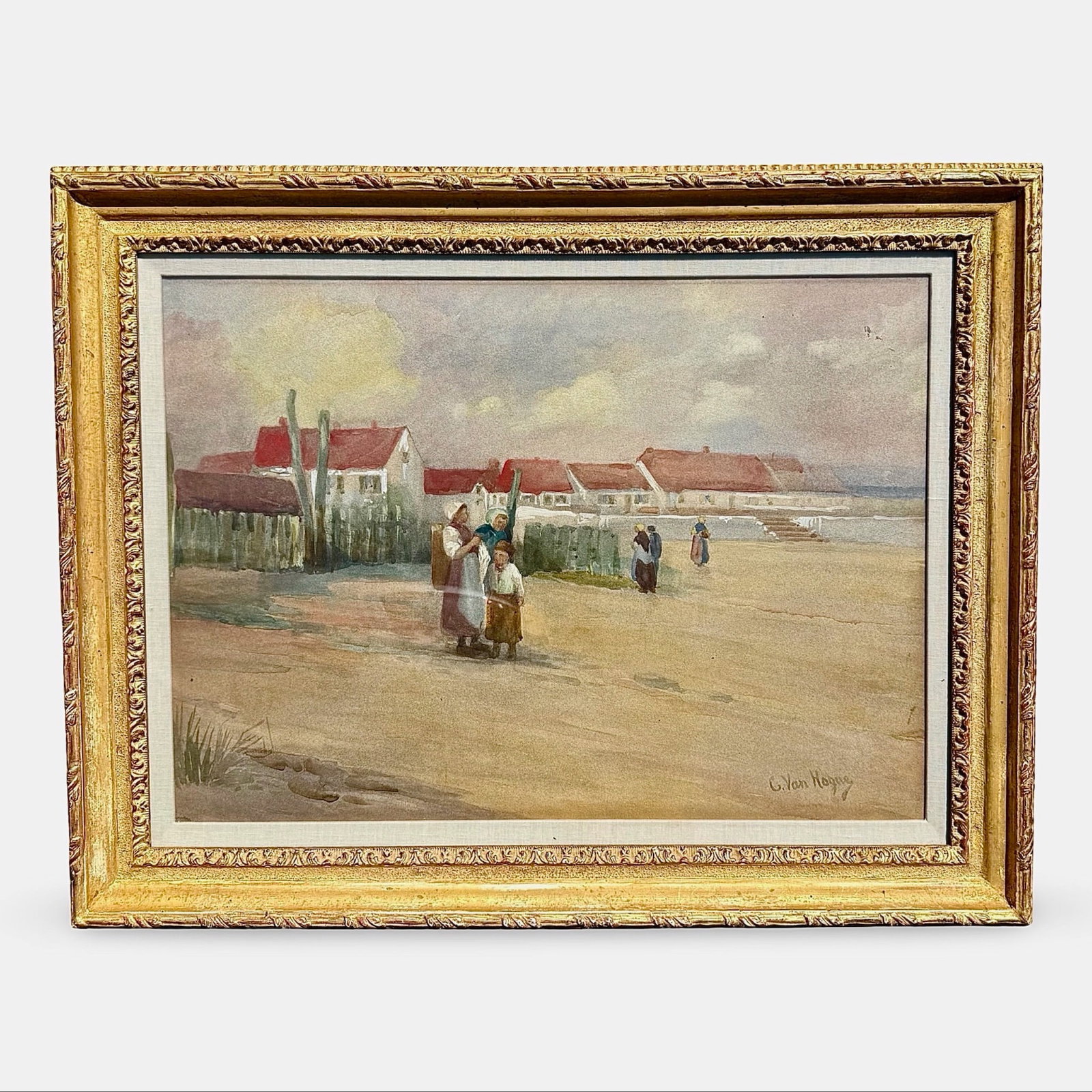 Van Hogue European Coastal Painting: Van Hogue European coastal painting. Signed and set in giltwood frame. Approx. Dimensions: 26.5H x 32.5W x 2D inches