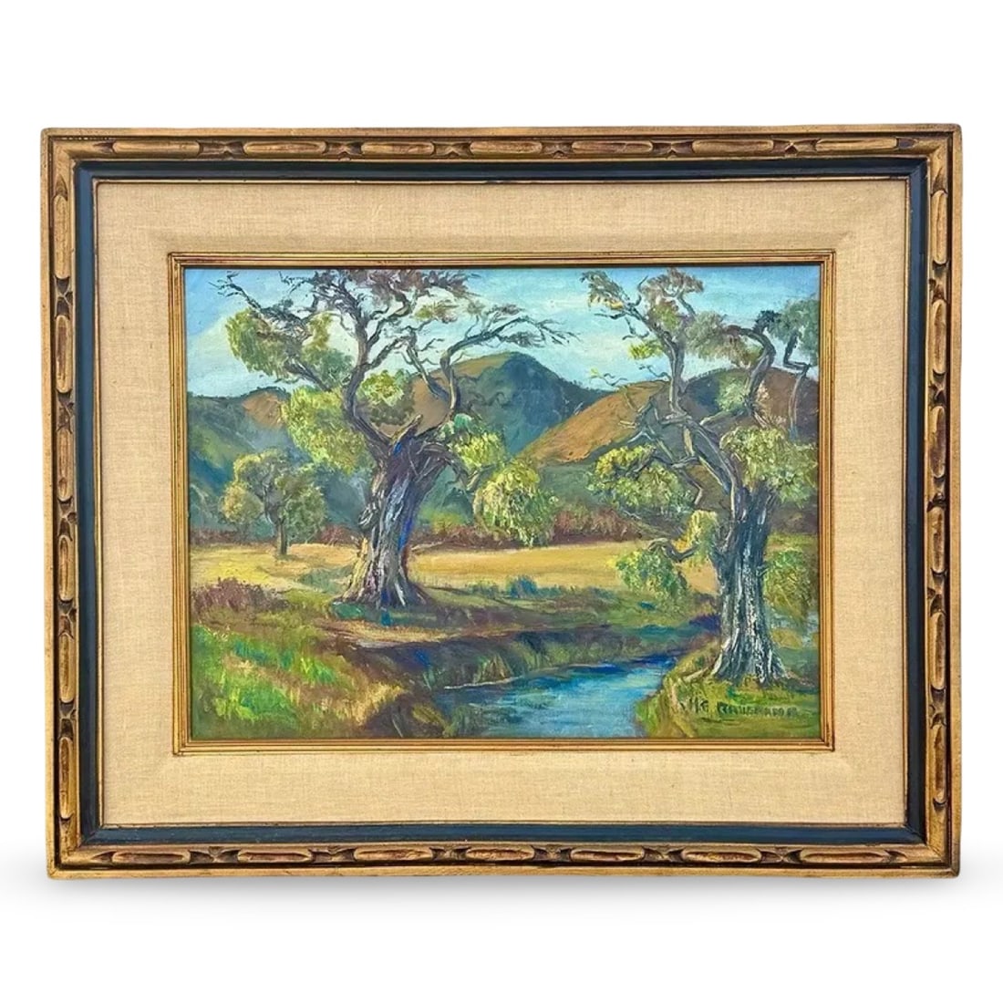 California Plein Air Landscape Painting: California Plein Air Landscape Painting An oil on canvas landscape in the California Impressionist style. Depicts trees along a stream within a rolling valley. Housed in a carved wood frame with