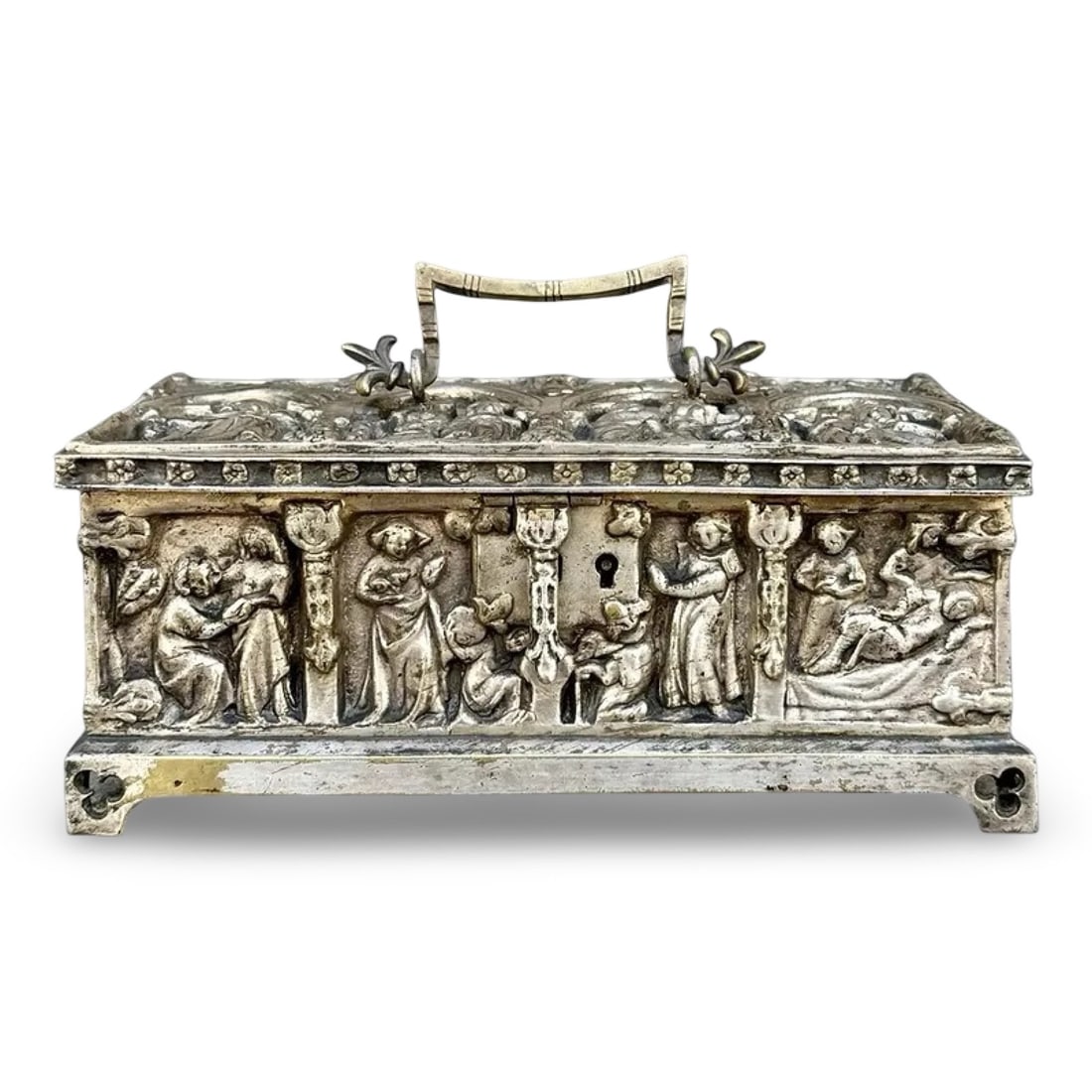 Gothic Bronze Casket Box W/ Relief Carvings: Gothic Bronze Casket Box W/ Relief Carvings An antique Gothic-style casket is crafted from silvered bronze, showcasing intricate relief carvings and architectural detailing characteristic of the
