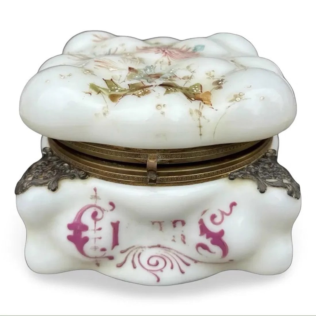 C. F. Monroe Wavecrest Humidor Box: C. F. Monroe Wavecrest Cigar Humidor A wavecrest egg crate cigar humidor box by C. F. Monroe. Opal glass with enamel floral design. Dimensions: 6.5W × 6.5D × 5.5H in