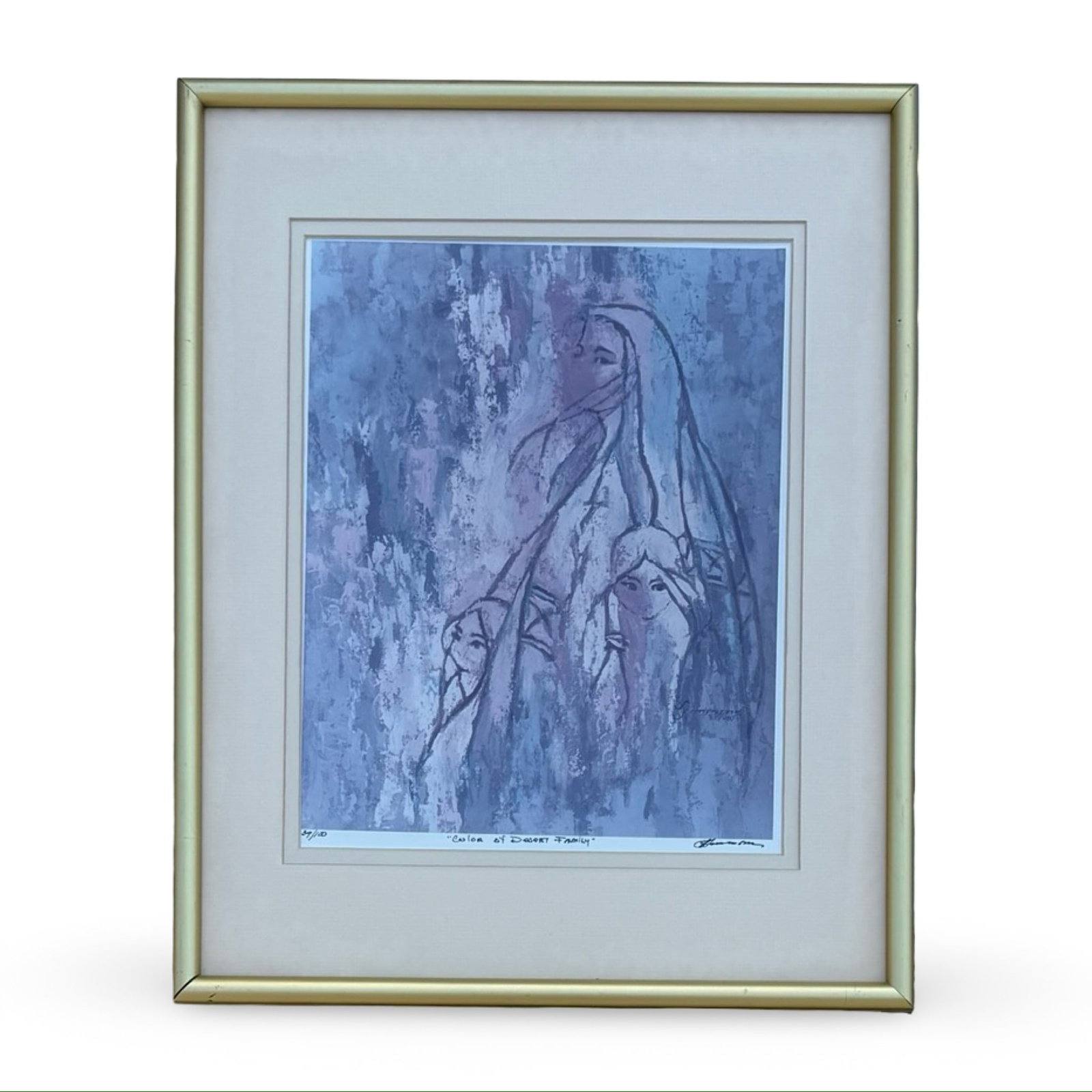 Mullen Native Desert Family Print: Framed limited edition print titled “Color of Desert Family” by American Southwest artist G.E. Mullan. Signed, titled, and numbered. Approx. Dimensions: 20.25H × 16.25W × 1.75D inches