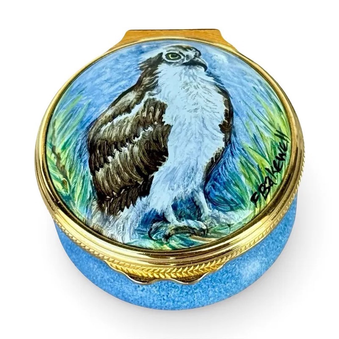 Elliot Hall Hawk Wildlife Enamel Box: Elliot Hall Enamels limited-edition wildlife avian trinket box with a hawk, hand-painted. Signed and marked on base. Approx. Dimensions: 1H x 1.25W x 1.25D inches