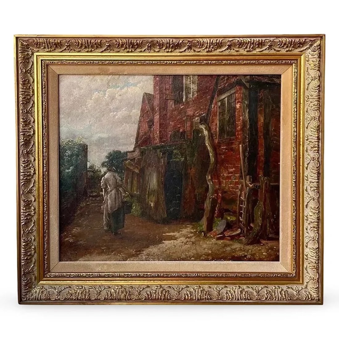 Antique European Village Painting: European oil on canvas painting of a village scene, set in a carved wood frame with gold gilt decoration. Approx. Dimensions: 15.75H x 18W x 1.25D inches