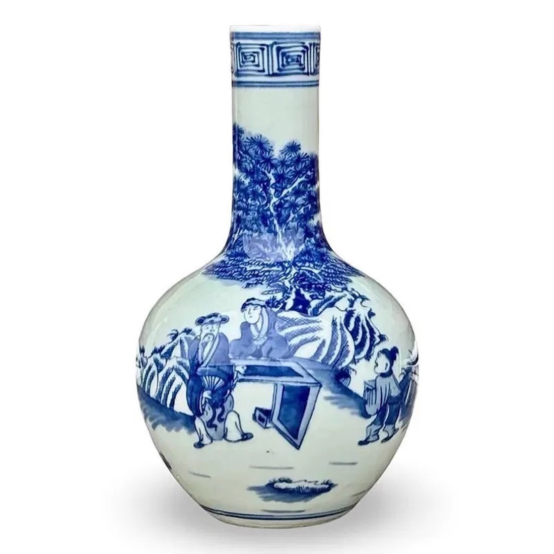 Chinese Figural Gourd Vase: Chinese blue white porcelain bottle vase with a figural boys scene. Approx Dimensions: 8.5H x 5W x 5D inches
