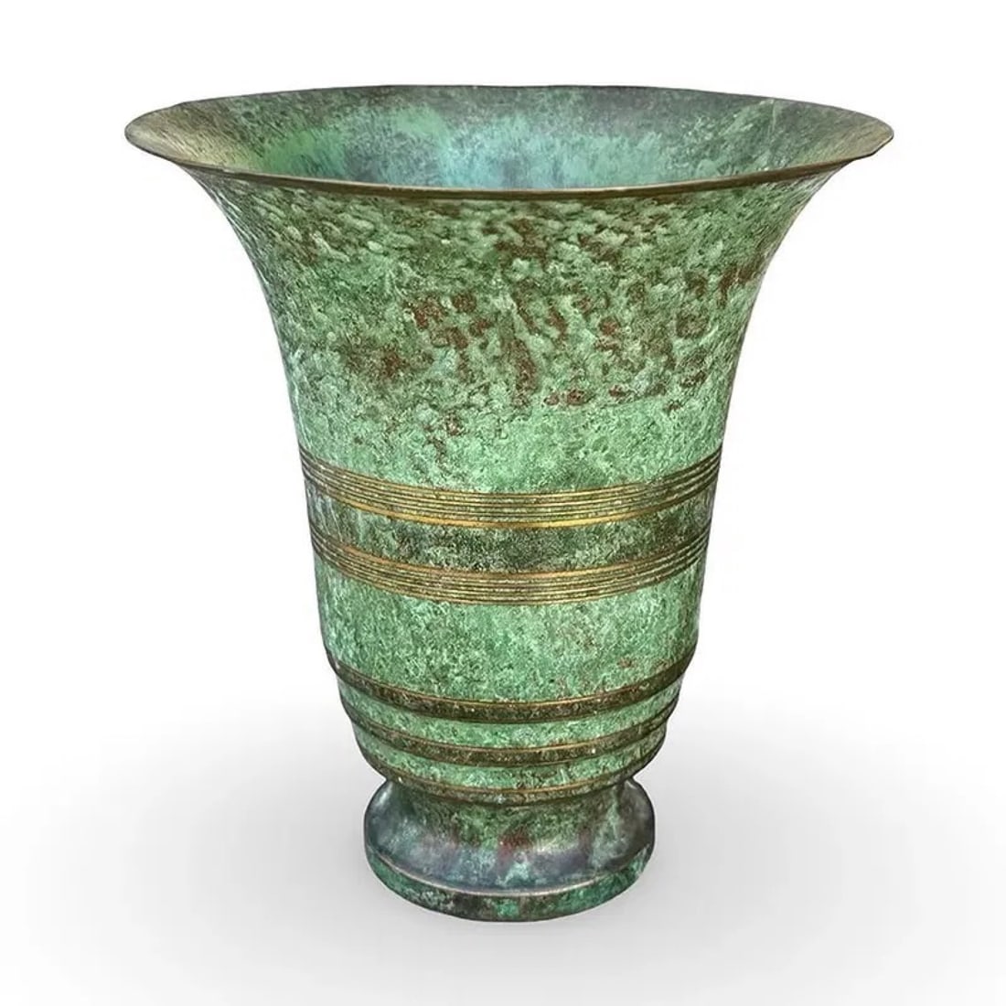 Sorensen Art Deco Verdigris Bronze Vase: Carl Sorensen verdigris bronze vase, Art Deco design with flared trumpet form, green patina and polished bands, signed base. Approx Dimensions: 8H x 7.5W x 7.5D inches