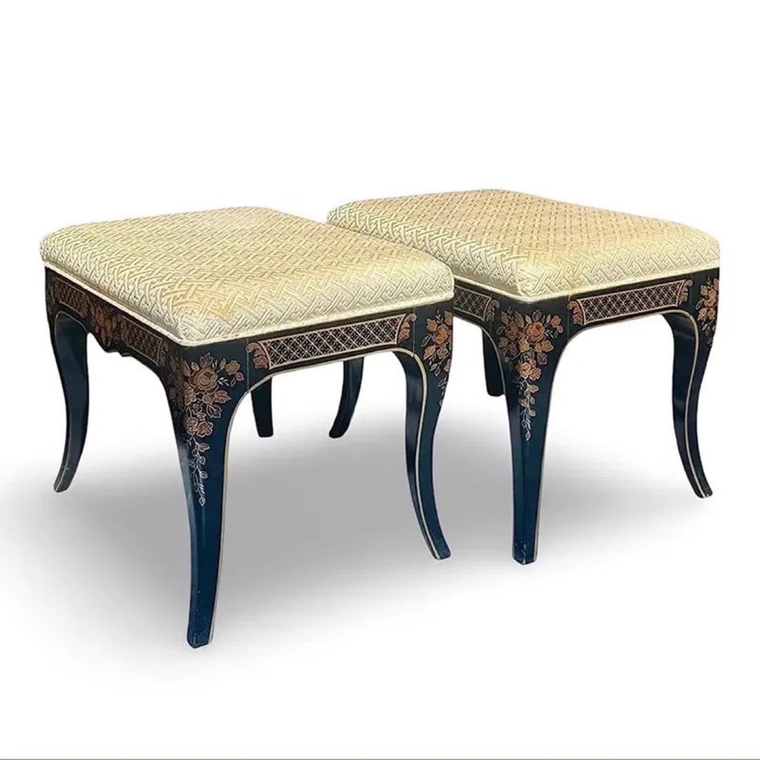 Drexel Et Cetera Lacquer Stools, Pair: Drexel Et Cetera Lacquer Stools, Pair with lacquered chinoiserie frame. Approx. Dimensions: 22W × 16D × 12H inches