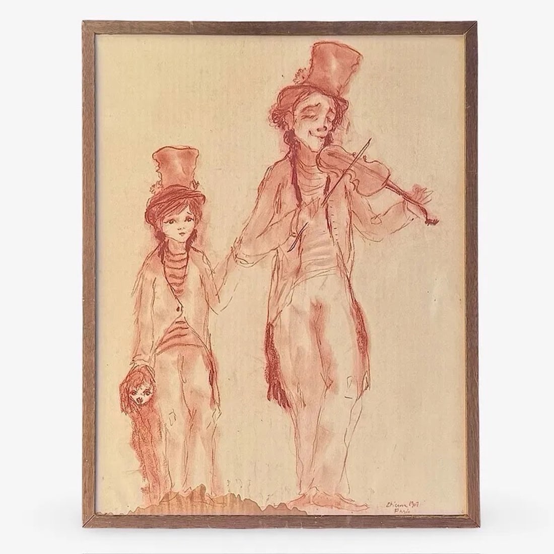 Sanguine Drawing Paris Street Scene: French sanguine red chalk drawing of Paris street performers. Signed 'Etienne', dated, and set in a wood frame.