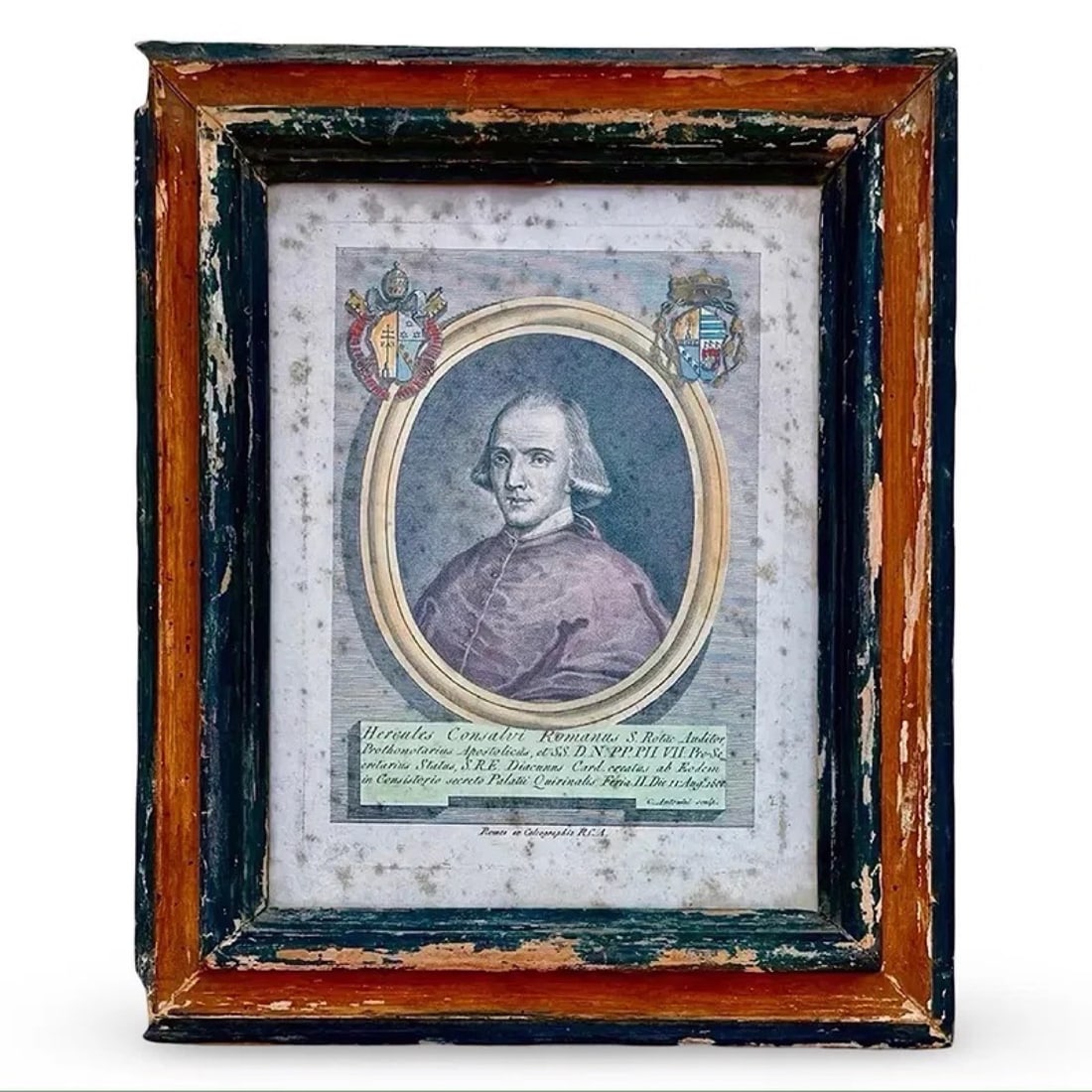 Antique Italian Cardinal Engraving: 19th century Italian hand-colored engraving portrait of Cardinal Ercole Consalvi with heraldic vignette border and Latin inscriptions. Framed ecclesiastical portrait engraving in carved wood frame.