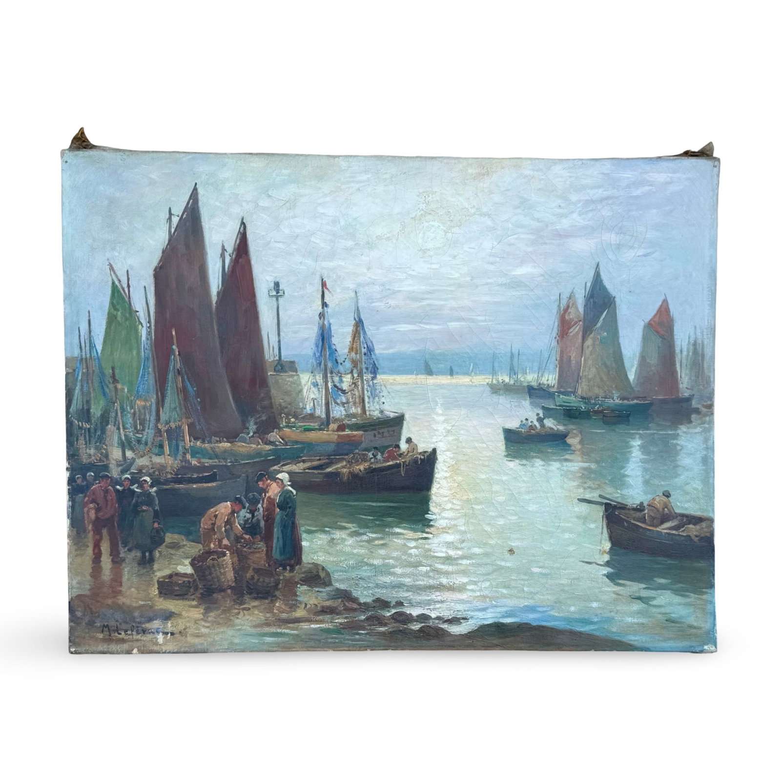 M. Lefevre French Seascape Painting: 19th century French coastal oil on canvas painting attributed to Marie Lefevre, depicting a Breton harbor at sunset. Signed on lower right.