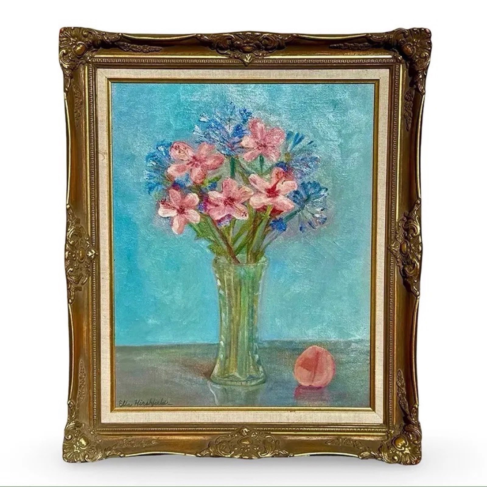 E. Hirshfield Floral Still Life Painting: E. Hirshfield Floral Still Life Painting Vintage mid-century impressionist still-life oil painting by Ella Hirshfield of pink and blue flowers arranged in a glass vase, set against a bold turquoise ba