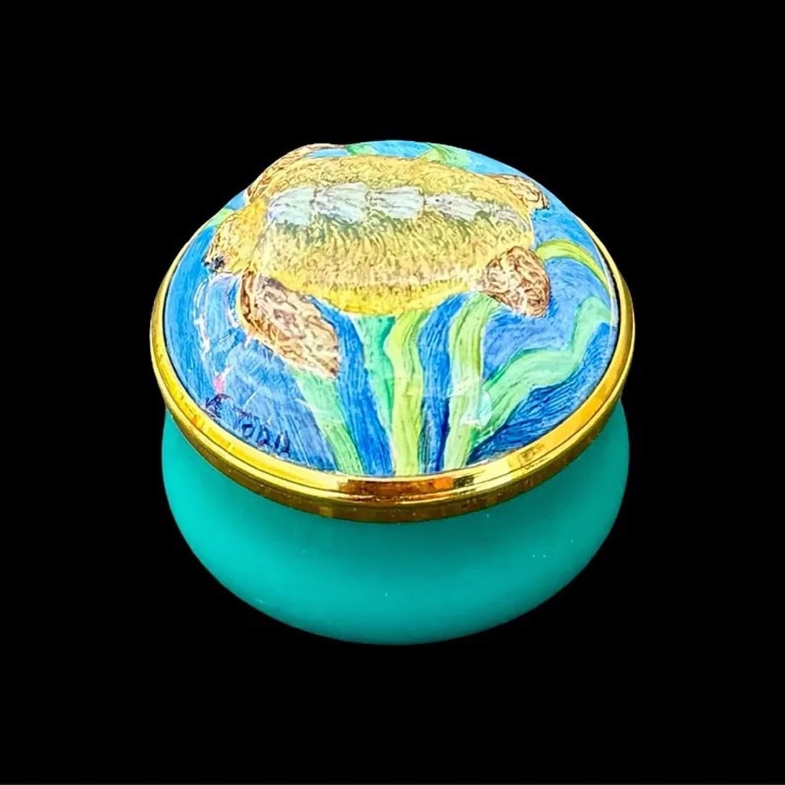 Elliot Hall Sea Turtle Enamel Trinket Box: Elliot Hall Enamels enamel trinket box with hand-painted sea turtle scene, signed E. Todd. Limited-edition, 1/1. Marked on base. Approx. Dimensions: 1.25H x 1.25W x 1.25D inches