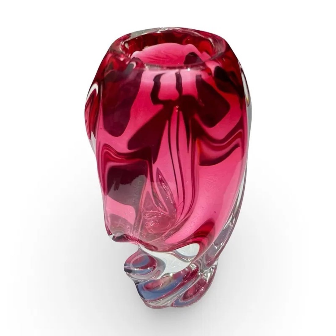 Chribska Hospodka Twisted Glass Vase: Vintage Chribska cranberry Czech art glass vase attributed to Josef Hospodka, with a twisted sculptural form. Approx. Dimension: 6.5H x 3.5W x 3.5D inches