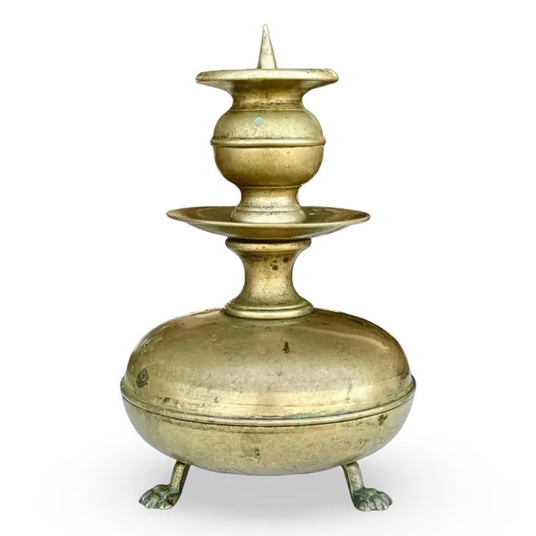 Dutch Brass Pricket CandleHolder: Antique Dutch brass candle holder pricket w/ paw feet. Approx. Dimensions: 10H x 6.5W x 6.5D inches
