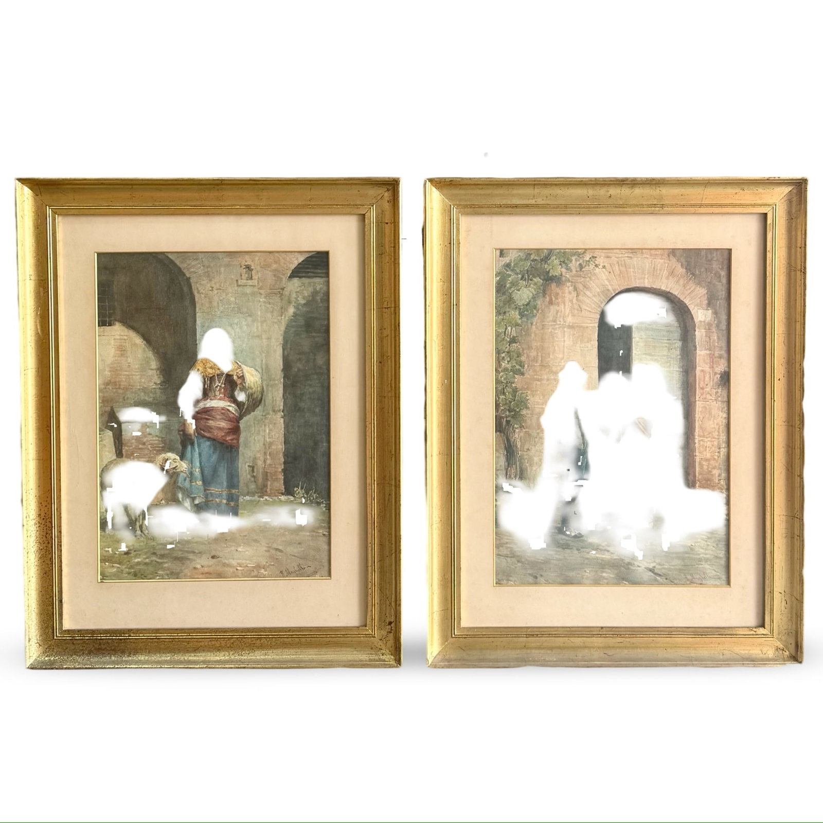 Bartolini Italian Genre Watercolors: Italian painting genre scene by Federico Bartolini (1861–1908), of a peasant woman with sheep and a pair of street musicians. Signed by the artist and housed in giltwood frames with label from the C