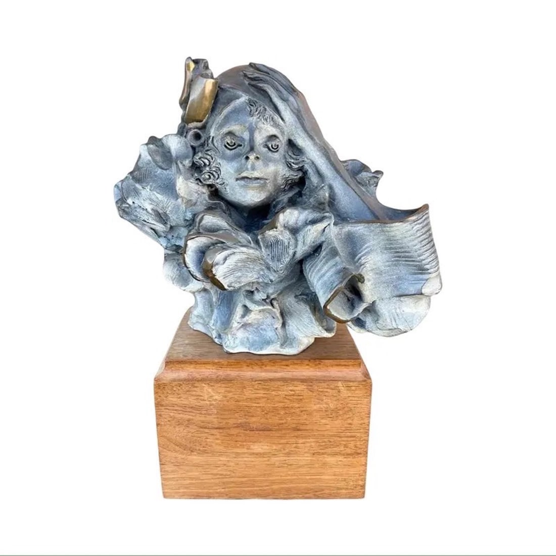 Nicholas Moffett Bronze Sculpture: Vintage bronze Art Deco sculpture by Nicholas Moffett, crafted from bronze and mounted on a wooden base. Limited edition. Dated 1990. Dimensions: 8W × 6D × 10.5H inches