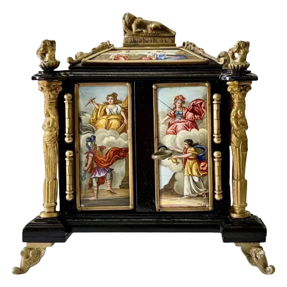 Antique Vienna Jewelry Casket: Antique Austrian Viennese jewelry casket made of ebonized wood with gilt bronze mounts. Approx. Dimensions: 5.5H x 6.5W x 5.5D inches