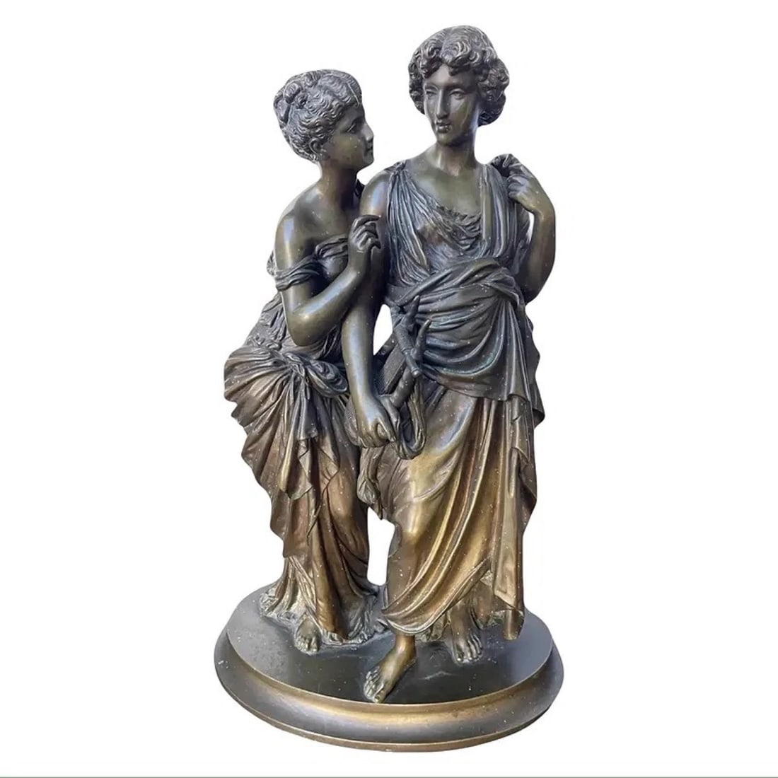 Moreau Bronze Orpheus and Eurydice: Bronze sculpture of Orpheus and Eurydice, inscribed Moreau on the base, depicting the classical mythological scene with detailed modeling. Dimensions: 10W × 5D × 15.5H inches