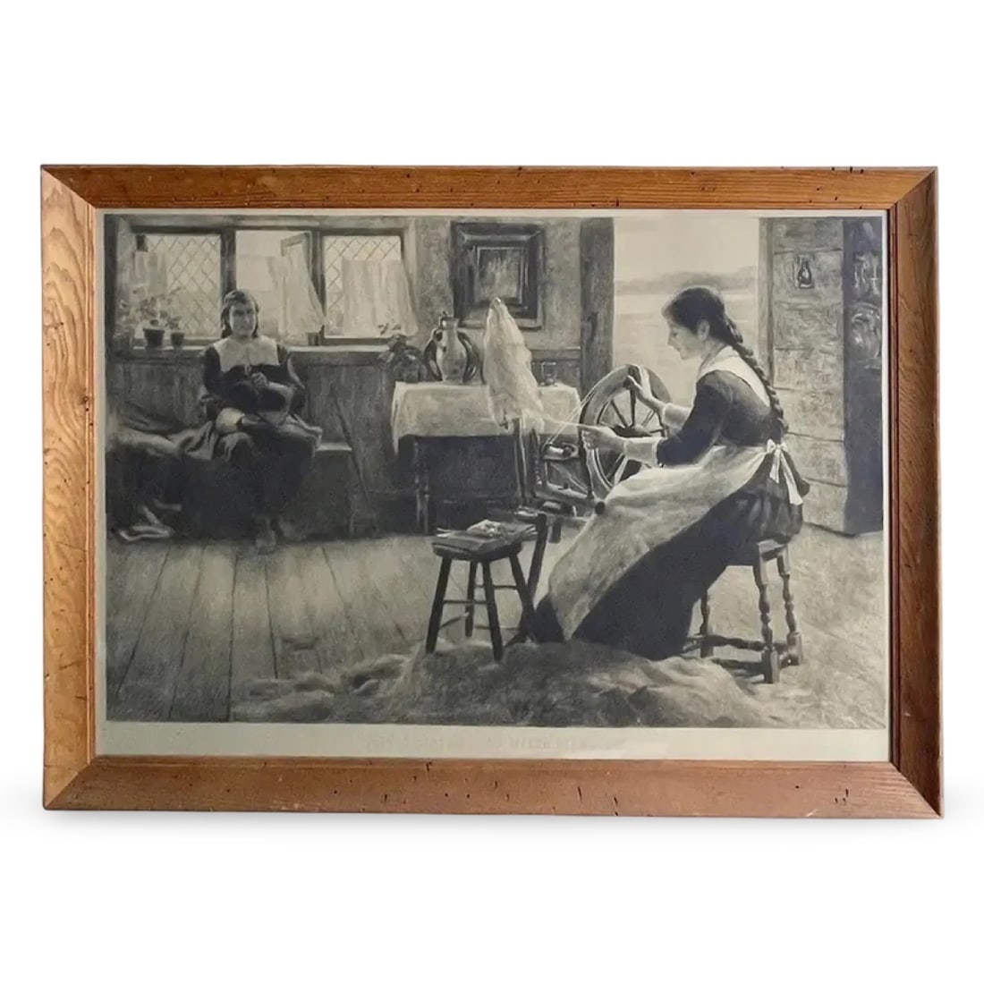 19C Fishel Adler / Standish Etching: Large antique J.S. King etching after Charles Yardley Turner, Courtship of Miles Standish published by Fishel Adler & Schwartz, in original carved wood frame. Approx. Dimensions: 26H x 36W x 1.75D inc